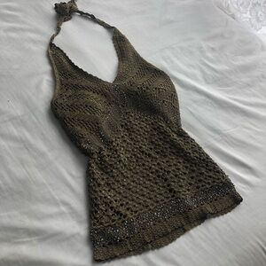 Le Chateau Green Beaded Crochet Halter Top